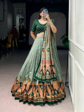 Tussar silk printed and iconic lehenga in green (skirt stitched)