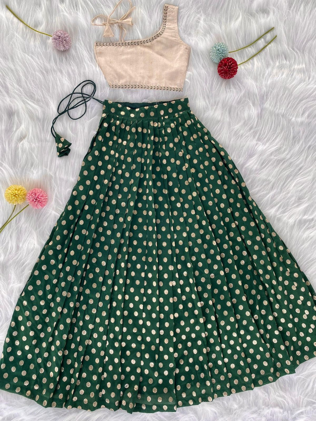 Kids green polka zari Indo western Lehenga (1 month - 6 years)