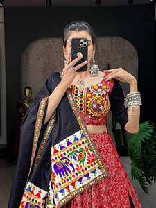 Red printed gamthi work cotton readymade Lehenga