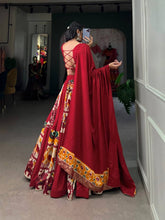 Rayon and printed silk Lehenga choli in red and mustard - readymade