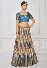 Beige and baby blue  peacock print silk timeless ethnic Lehenga