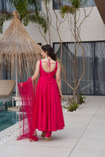 Roman chanderi silk anarkali set in Rani pink (sleeves available)