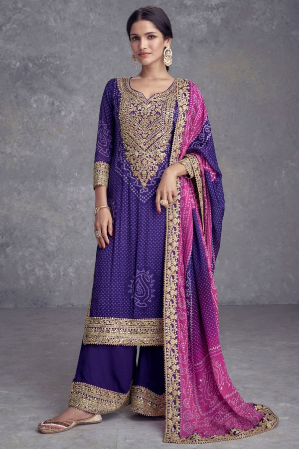 Embroidered chinon Bandhani print salwaar kameez in purple