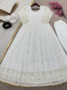 Partywear cotton thread work anarkali set