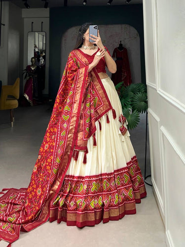 Tussar silk Lehenga with patola print in red
