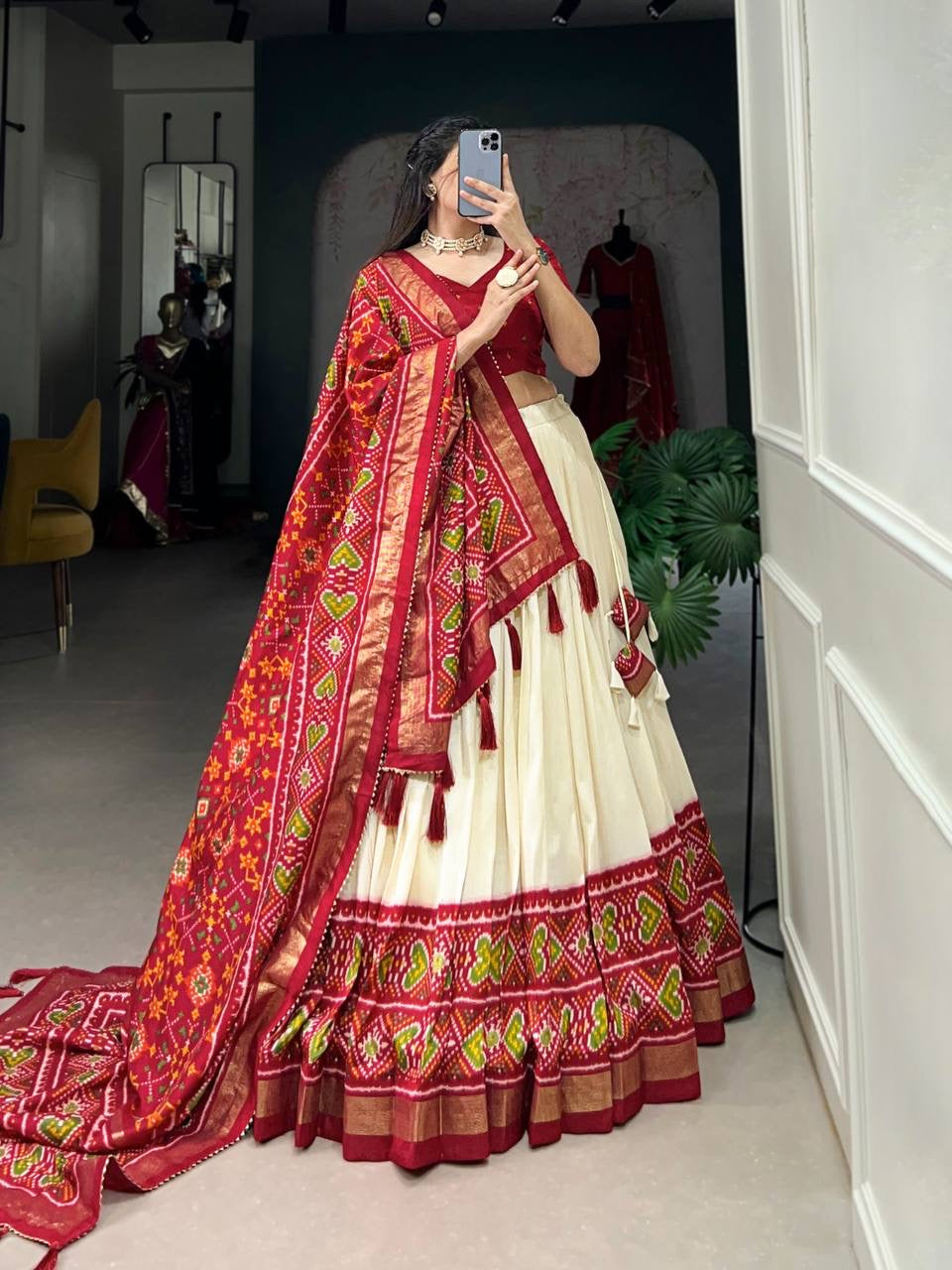 Tussar silk Lehenga with patola print in red