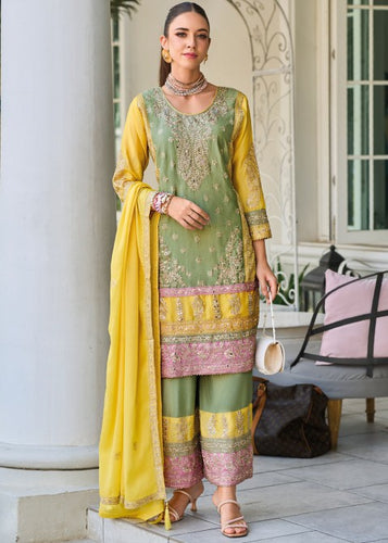 Green and yellow palazzo suit set