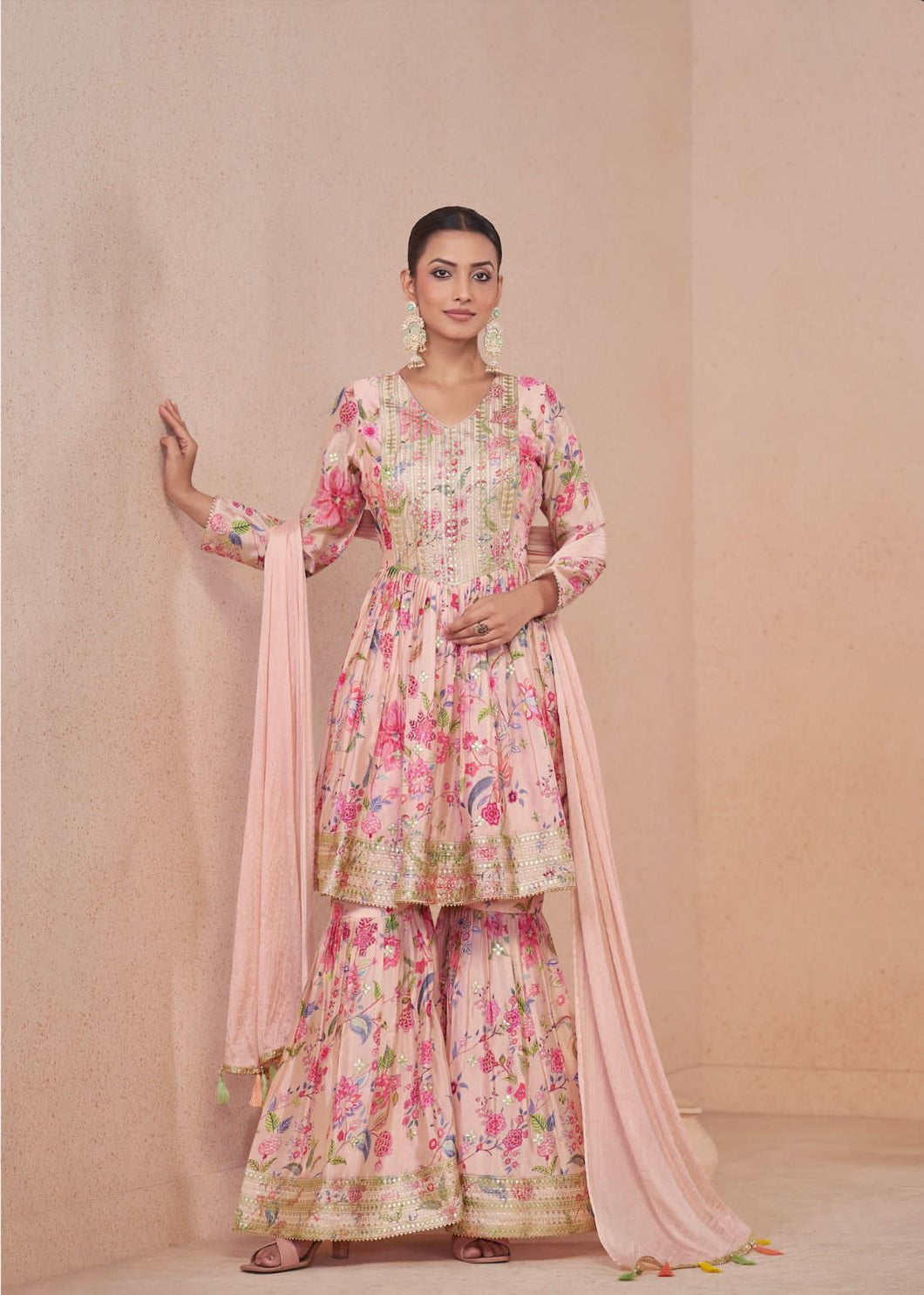 Pastel floral digital chinon sharara set in baby pink - readymade