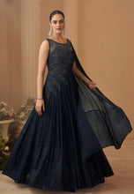Deep navy blue chinon silk embroidered gown