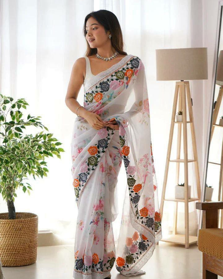 White flowers digital print saree