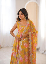 Yellow floral print kali cut anarkali suit