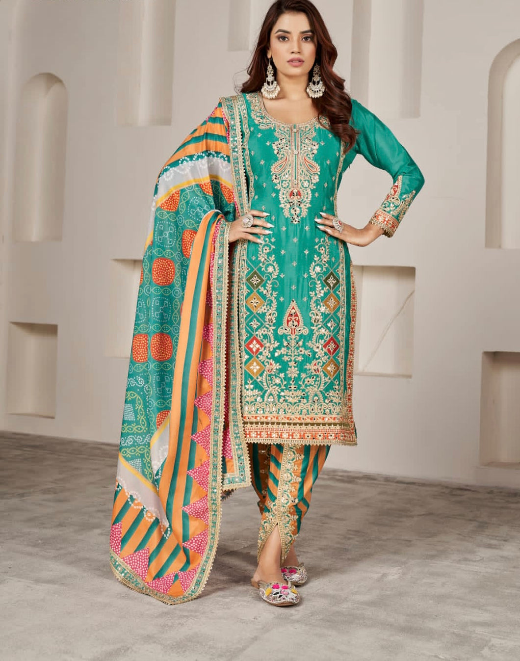 Tulip pants readymade - green and orange