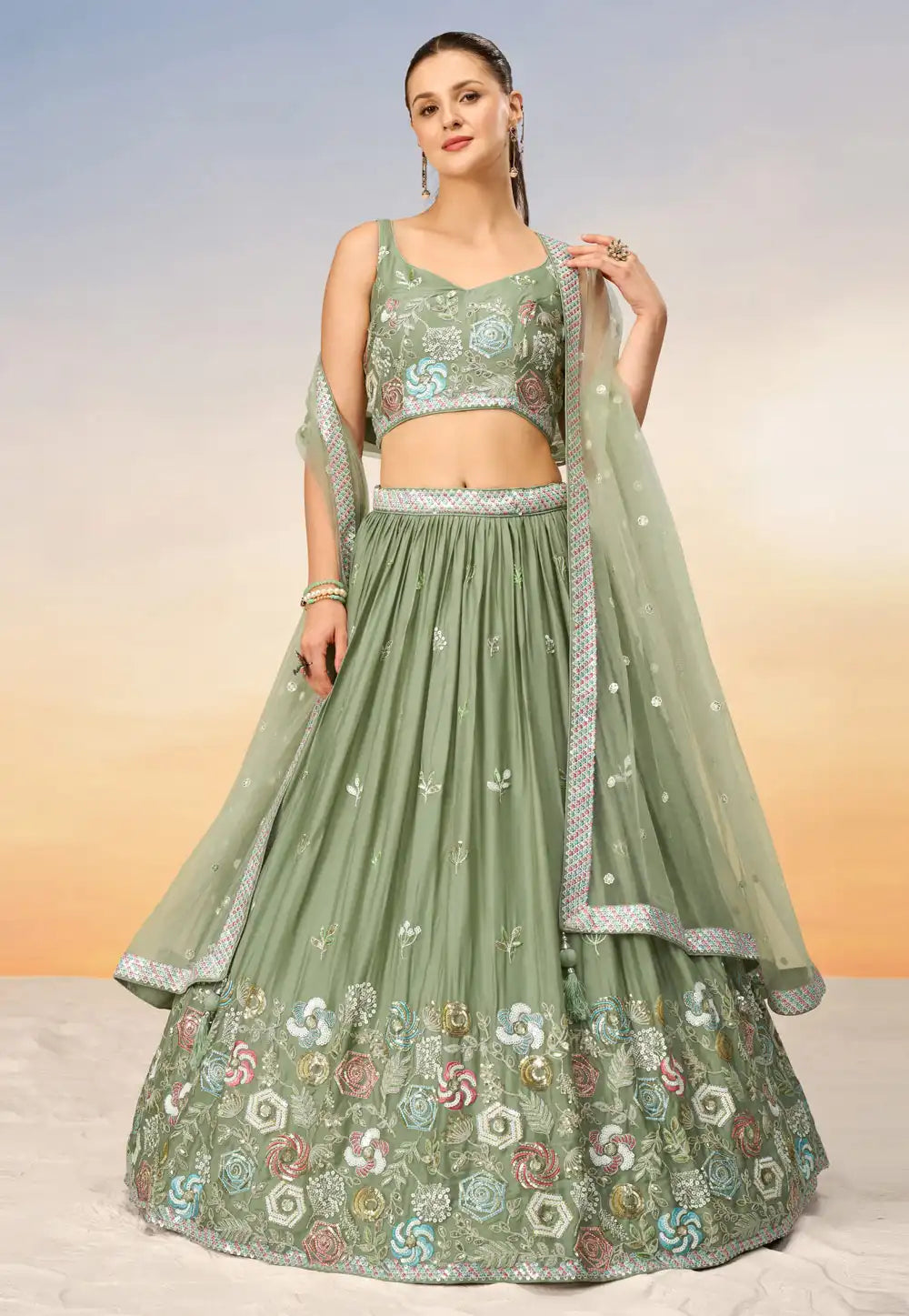 Pista Green sequins georgette Lehenga with net dupatta