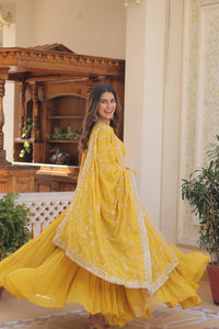 Pastel 5 layer gowns with sequinned dupatta in yellow