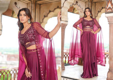 Burgundy skirt set with cape