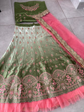 Royal embroidered ombre lehenga set in sage green and blush pink