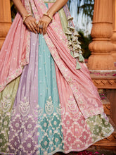 Pink chinnon multicoloured panelled Lehenga