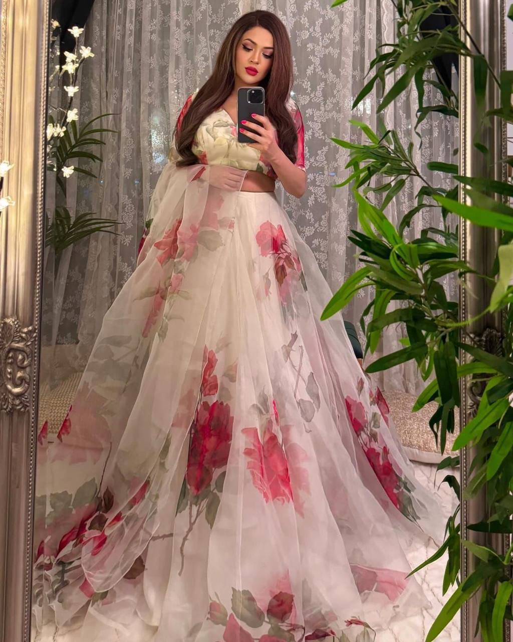 White floral printed readymade Lehenga