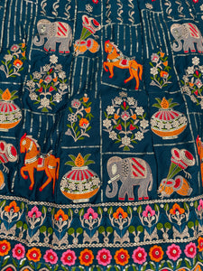 Elephant and horse printed blue Lehenga