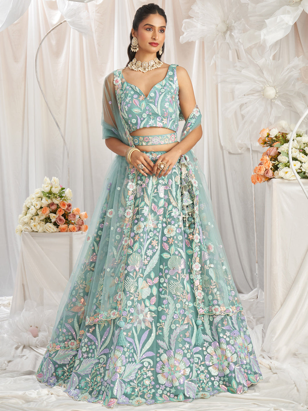 Sea green - multi colour pastel sequins Lehenga