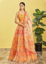 Orange and yellow organza digital print lehenga