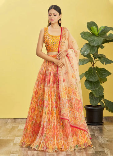 Orange and yellow organza digital print lehenga