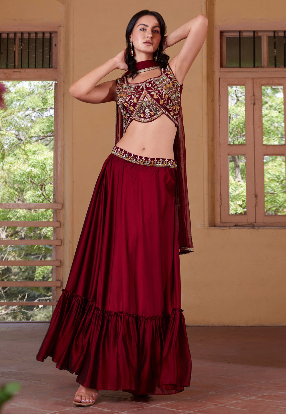 Maroon A line georgette lehenga