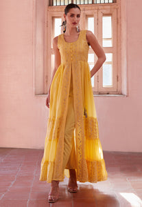 Yellow georgette centre slit anarkali with pants