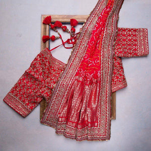 Red printed bandhani saree