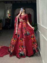 Rayon and printed silk Lehenga choli in maroon and elephants - readymade