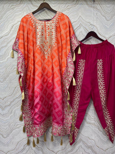 Pink and orange silk kaftaan set