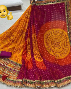 Silk bandhani print half and half saree