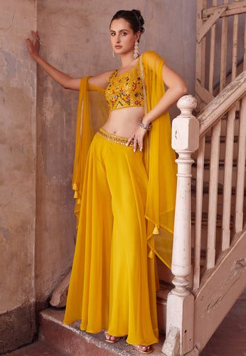 Yellow georgette palazzo with cape - readymade