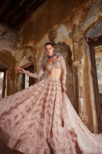 Pastel peach mirror work Lehenga (suitable for tall too + plus size)