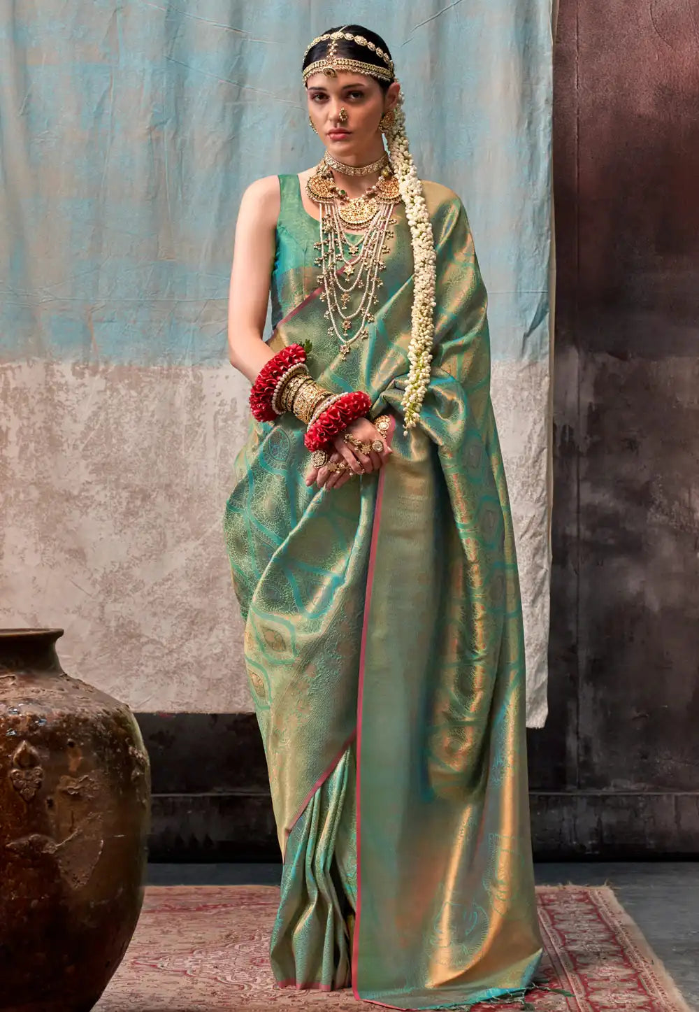 Sea green savoy two toned silk saree