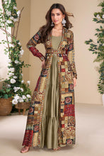 Sage green gown with multicoloured jacket and belt