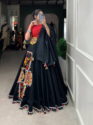 Black and red cotton readymade Lehenga with aari work