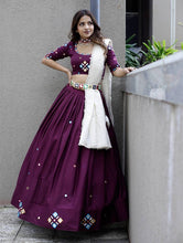 Purple cotton mirror work Lehenga