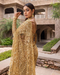 Partywear gold net saree