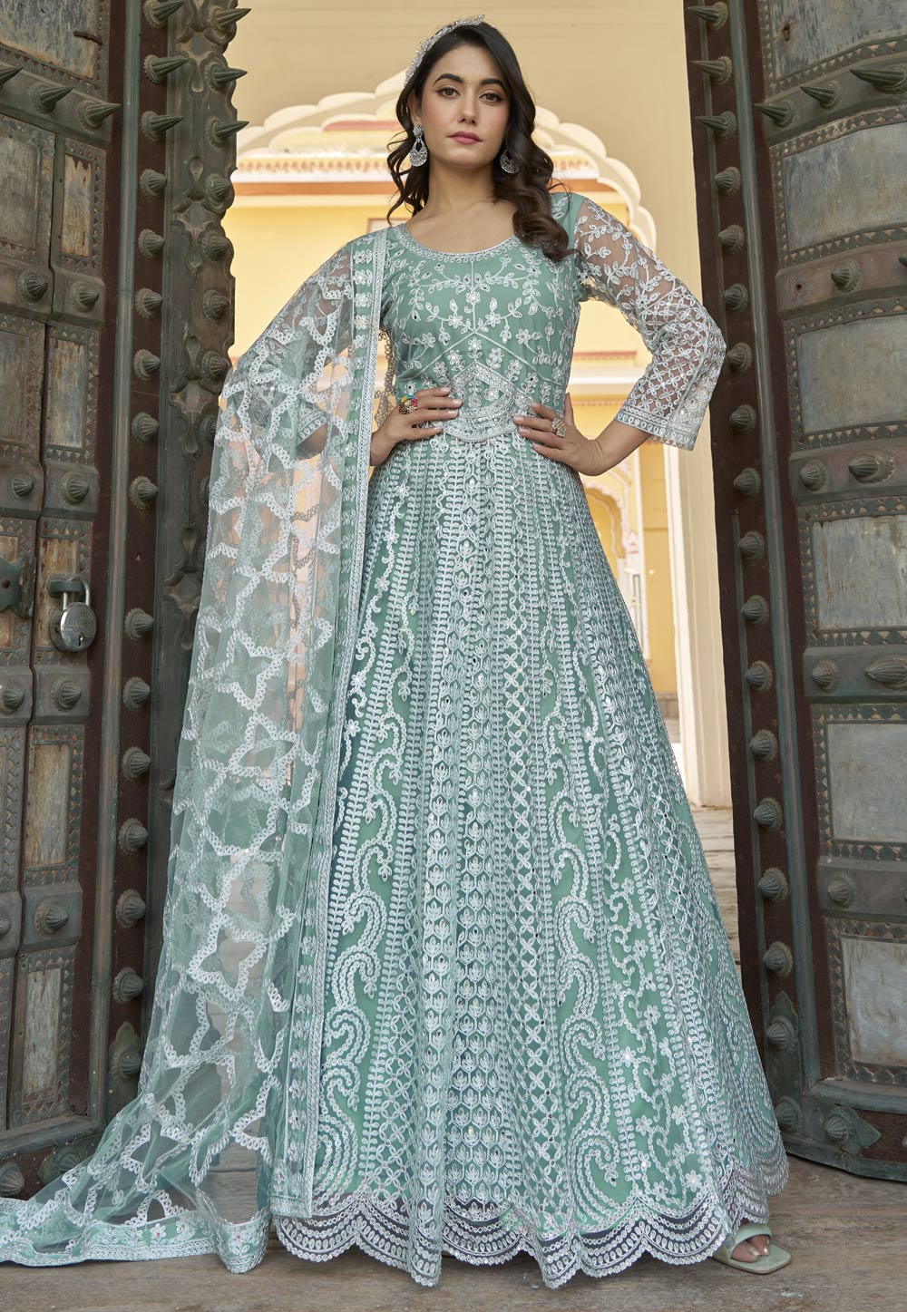 Mint green mirror work anarkali - size 44 & 46