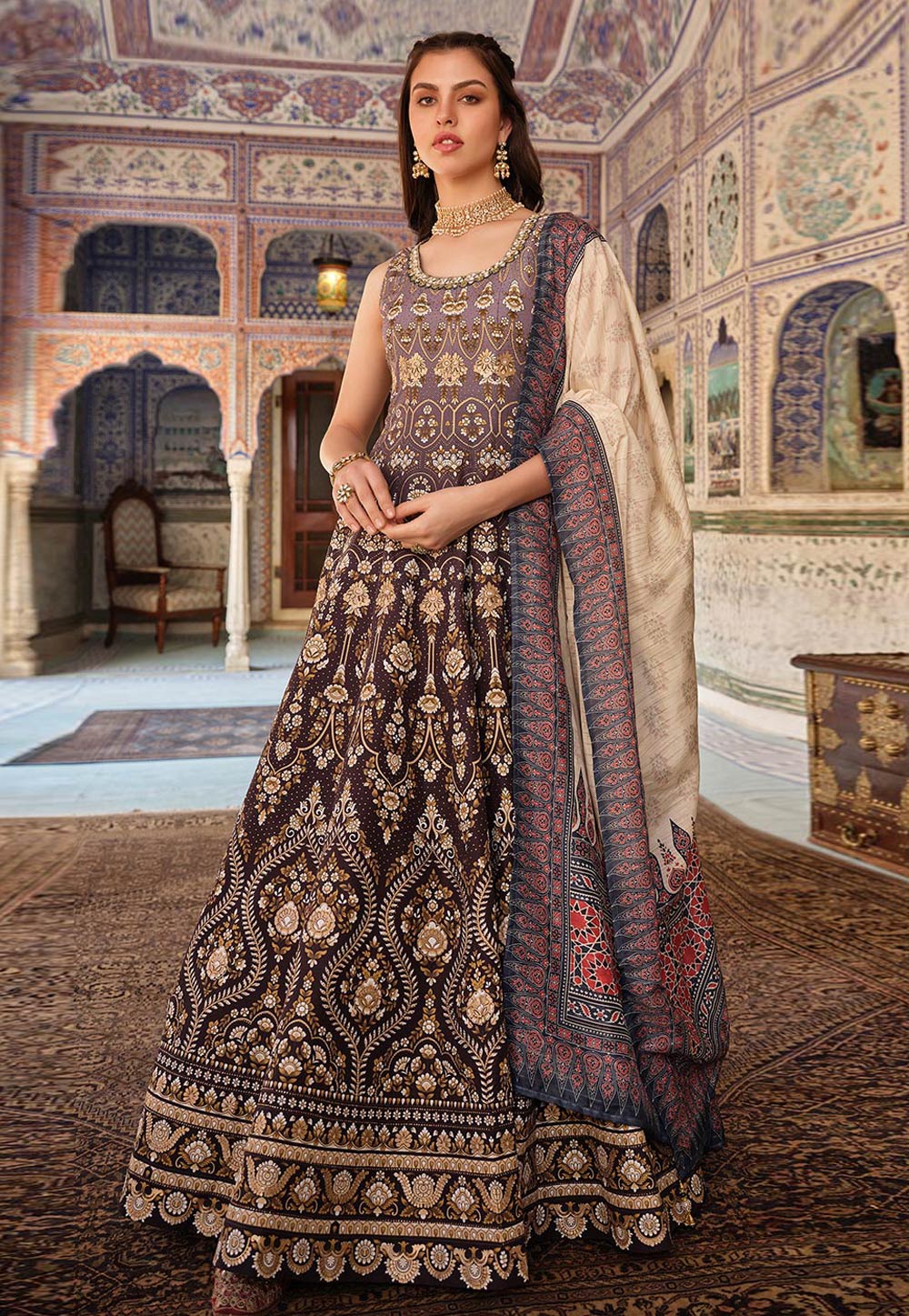 Dola silk Ajrakh print gown in wine
