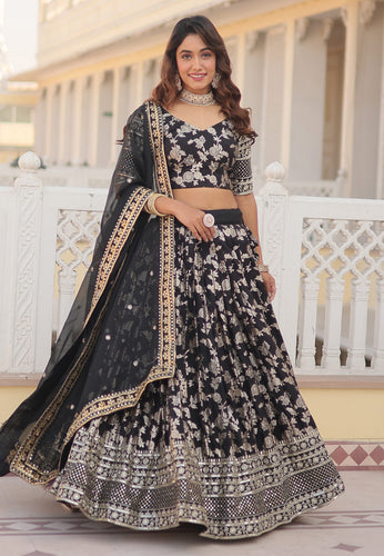 Black viscose jacquard Lehenga (skirt stitched)