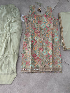 Mint green embroidered suit with trending farshi salwaar
