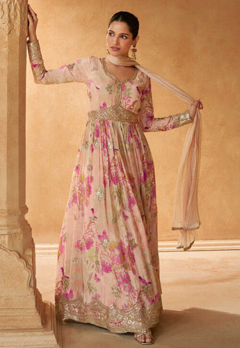 Floral printed chinon anarkali in baby pink