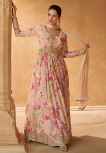Floral printed chinon anarkali in baby pink