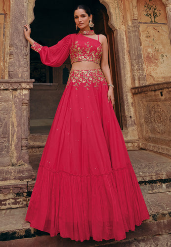 Janisha - magenta one shoulder Indo western style Lehenga