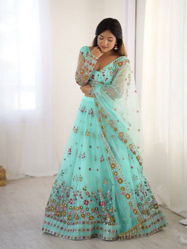 Sea green floral and sequins net Lehenga