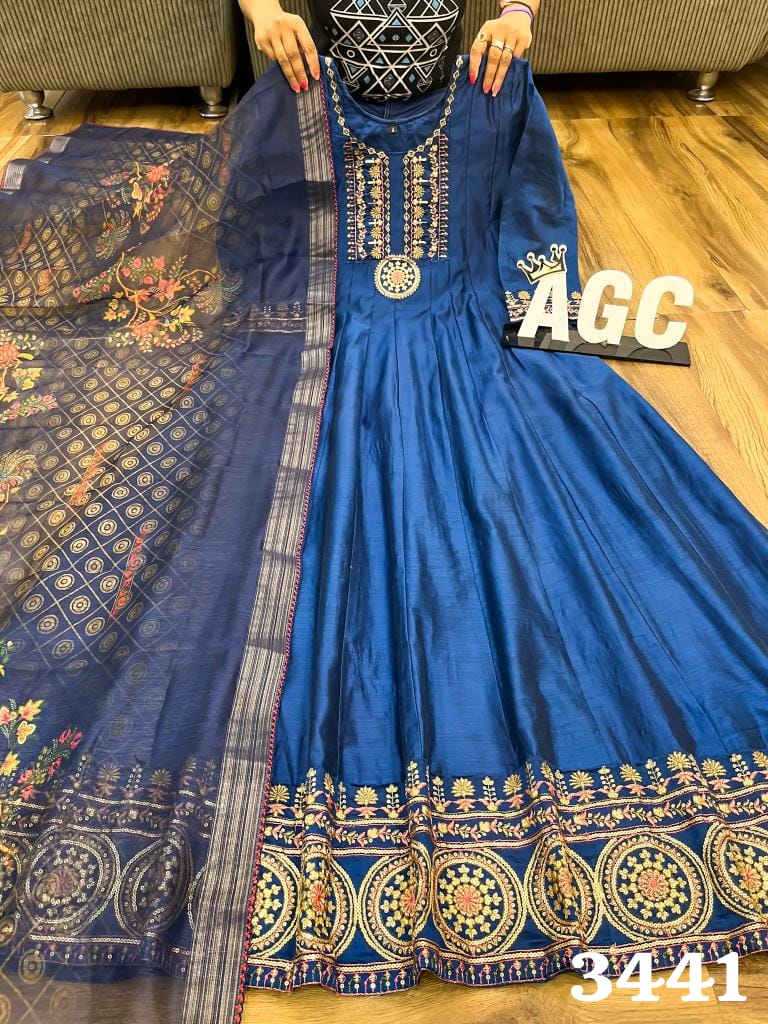 AGC  Collection- blue chanderi silk gown (plus size options)