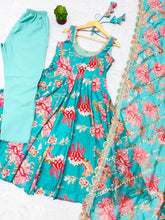 Blue floral print kali cut anarkali suit