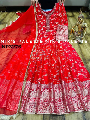 Niks collection - red banarasi silk anarkali (plus size 54”)